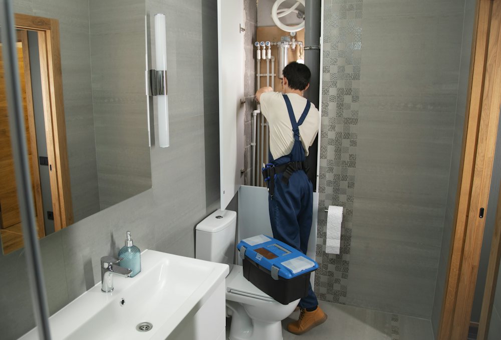 Installateur repariert eine Leitung im Bad