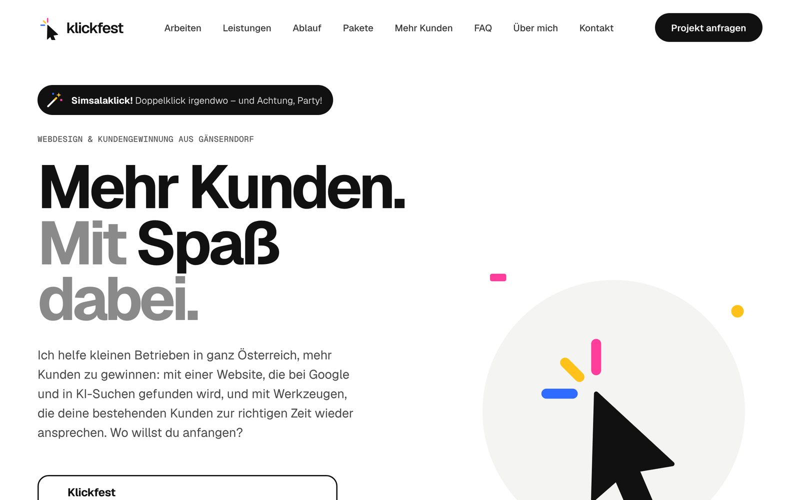 Startseite von klickfest.at mit dem Slogan Mehr Kunden. Mit Spaß dabei.